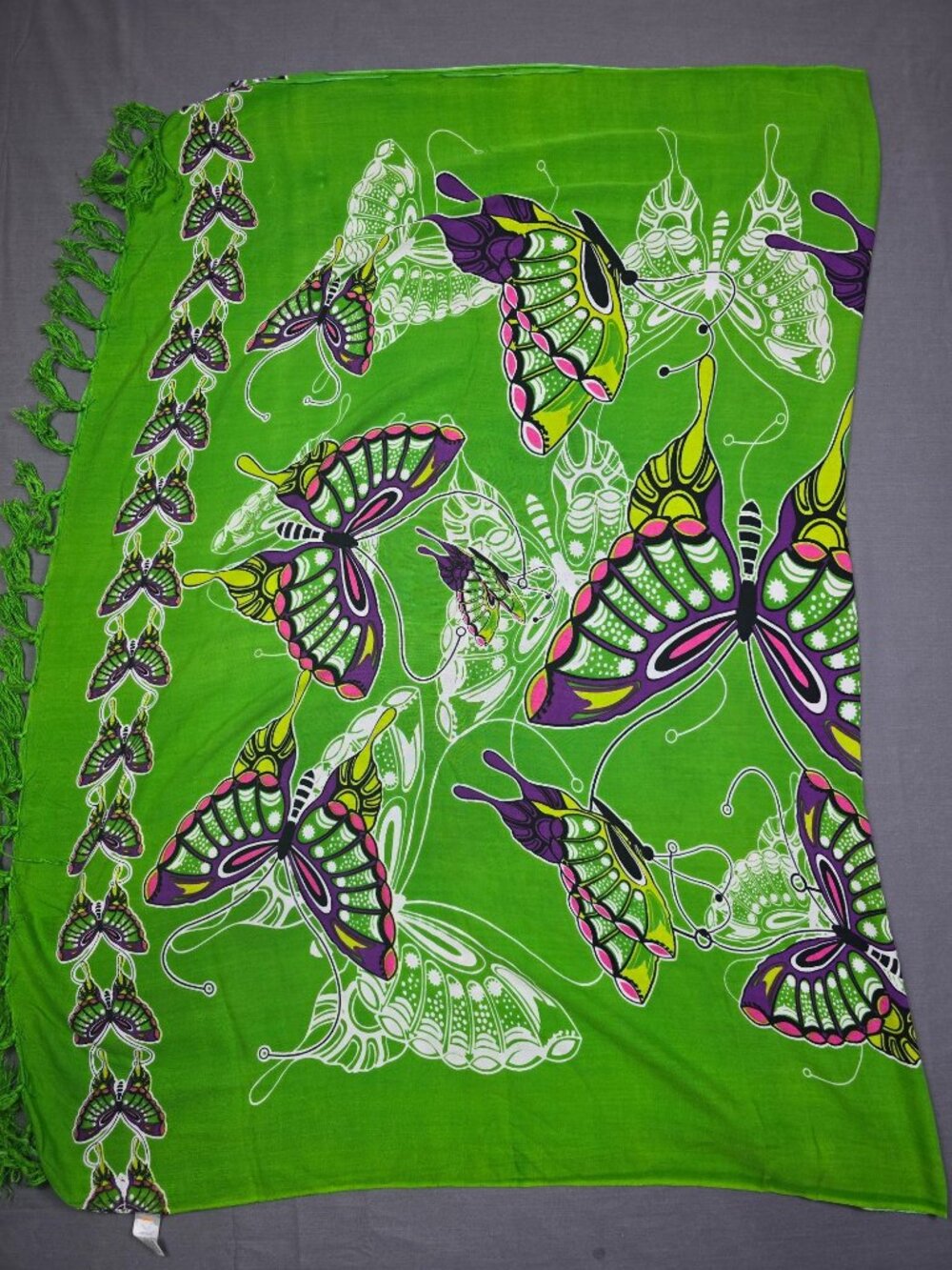 Butterfly Print Green Pareo Sarong Wrap With Tassels One Size Fits Most 41 X 60 - Picture 2 of 4